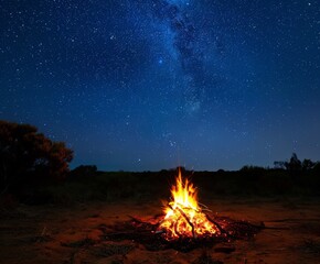 Campfire burning with milky way background