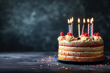 Delicate birthday cake with candles on a blurred dark background. Concept for celebrating children's holidays. Empty space for text. - obrazy, fototapety, plakaty