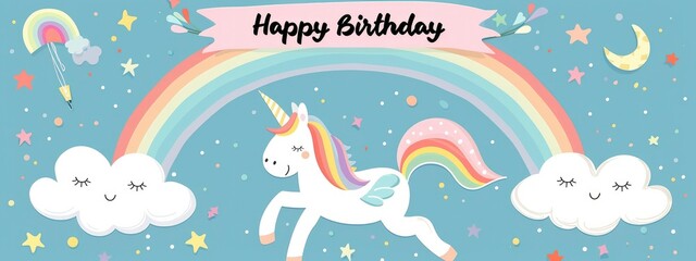 flat illustration of pastel rainbow, white clouds and cute unicorn flying in the sky with text Happy Birthday