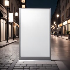 Mockup. Blank white vertical advertising banner billboard stand on the sidewalk at night