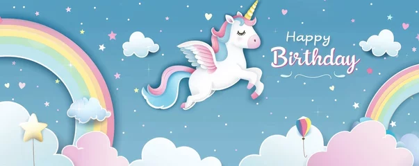 Foto op Plexiglas flat illustration of pastel rainbow, white clouds and cute unicorn flying in the sky with text Happy Birthday © MSTSANTA