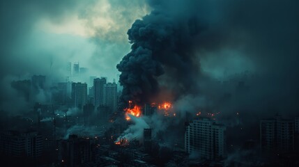 Apocalyptic cityscape with fiery skies and industrial chaos