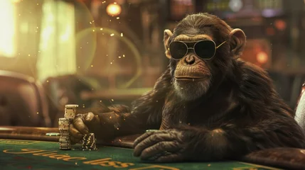 Foto auf Acrylglas A monkey wearing sunglasses sitting at a casino table. Perfect for gambling or animal themes © Fotograf