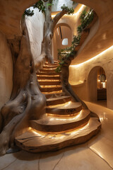 Selective focus of staircase made of wood with lights, tree trunk staircase design home interior decoration.