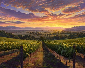 A panoramic sunset view over a vineyard with rows of grapevines stretching into the distance