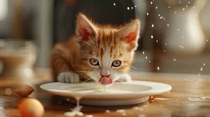 A realistic 3D scene of a kitten lapping milk from a saucer - obrazy, fototapety, plakaty