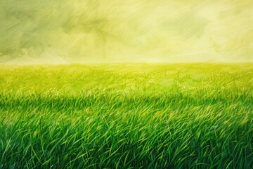 Fototapeta na wymiar A vast green field of grass blowing in the wind under a hazy yellow sky.