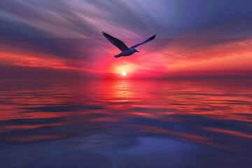 A bird flying over a body of water at sunset. Suitable for nature and travel themes - Powered by Adobe