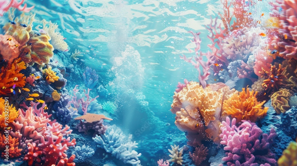 Poster Colorful fish swimming in a coral reef. Suitable for marine life concepts