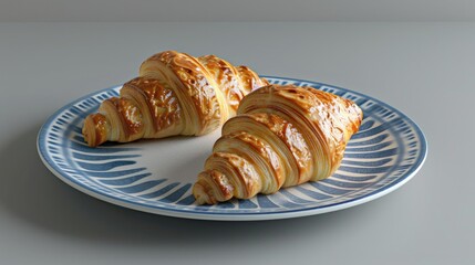 Two delicious croissants on a blue and white plate. Perfect for bakery or breakfast concepts