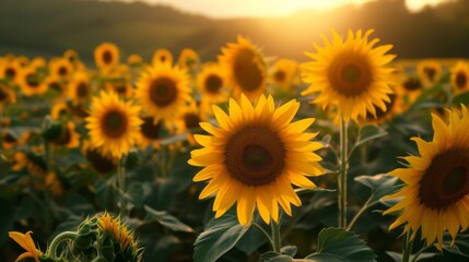 Obraz premium Endless field of sunflowers illuminated by the sun, harvest and agricultural business concept 