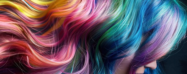 The girl hair is long and wavy, with colorful rainbowcolored streaks that make her look like she just came out of the unicorn world. - obrazy, fototapety, plakaty