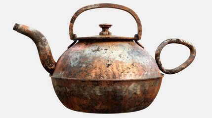 Rusty teapot with handle on white background. Perfect for kitchen or vintage themes