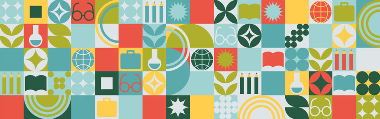 School seamless background for a stand made of geometric shapes, colored mosaic in a trendy style. Student and office worker template for wallpaper and web cover - globe, book. glasses, pencils.