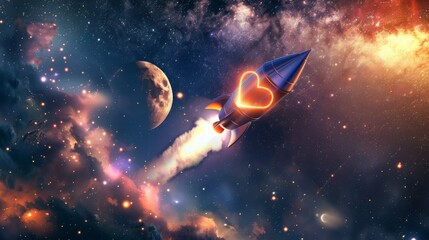 Heart-shaped space shuttle red rocket flying through the sky, soaring above the clouds with powerful propulsion engines propelling it forward towards space.