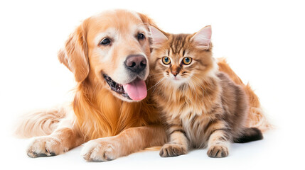 Cat and dog together, isolated on white. Retriever and kitten