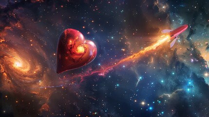 Heart-shaped object and red rocket is prominently displayed in the center of a space filled with countless twinkling stars. The heart stands out against the dark background of the starry sky.