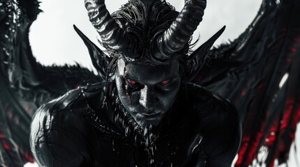 A man dressed as a demon with striking red eyes. Perfect for Halloween events