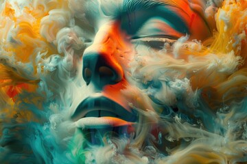 Close-up shot of a person with colored smoke coming out of their face. Great for creative projects and advertising