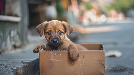 A small brown dog sitting in a cardboard box. Perfect for pet care and adoption concepts