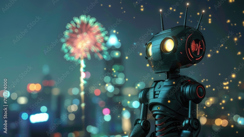Poster robot in front of a colorful fireworks display, perfect for celebrating special occasions