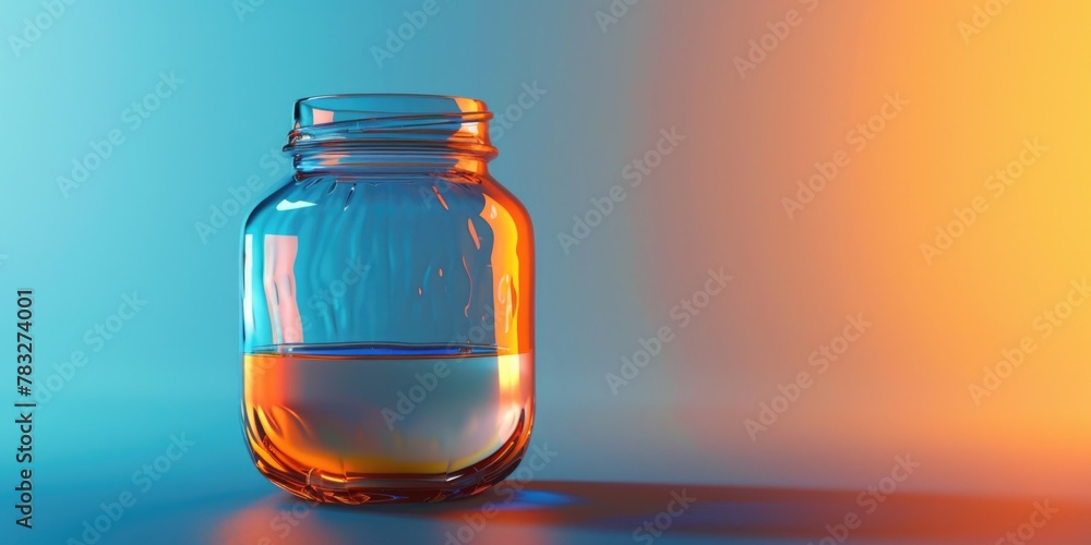 Poster a glass jar filled with liquid on a table. suitable for various concepts