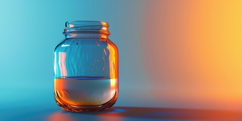 A glass jar filled with liquid on a table. Suitable for various concepts