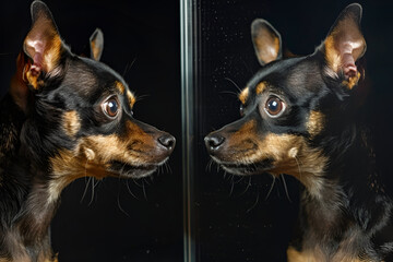 Toy terrier looking at his reflection in the mirror