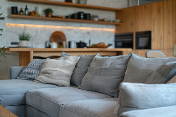 Selective focus of modern living room interior with gray sofa in apartment room.