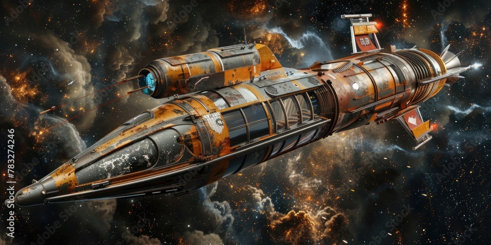 Aufkleber a spaceship flying through a galaxy filled with stars. ideal for science fiction or space exploratio