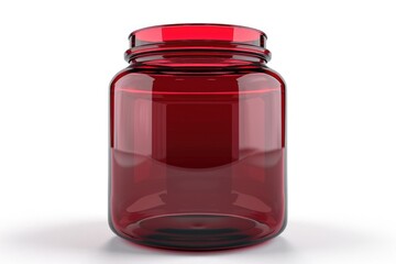 A red glass jar with a lid on a white surface. Suitable for kitchen or food-related concepts