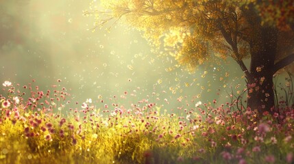 Beautiful field of flowers with a tree in the background. Perfect for nature and springtime concepts - obrazy, fototapety, plakaty