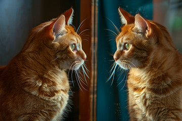 Ginger cat looking at his reflection in the mirror