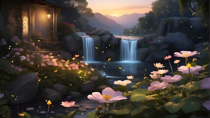 A paradise with lovely gardens, waterfalls, and flowers; a dreamy, picturesque backdrop filled with an abundance of eden's blossoms - obrazy, fototapety, plakaty