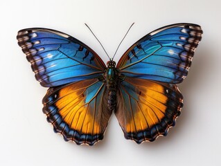 Majestic Blue and Yellow Butterfly Perched on White Wall
