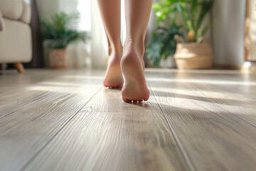 Close up focus on young female feet walking barefoot on clean wooden floor at home. Copy space. The concept of home comfort, safety, warmth
