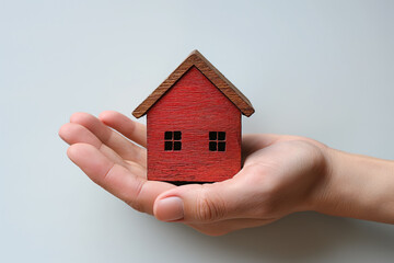 A hand is holding a small red house. Close-up, photograph in a light key, minimalistic, on a white background. Home security concept, property insurance. Inviolability of private property.