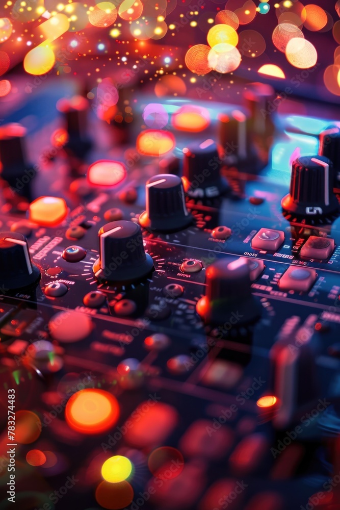 Poster detailed view of a sound board with colorful lights in the background. ideal for music and event ind