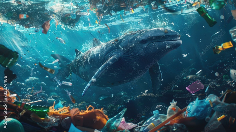 Poster a whale swimming in polluted ocean. suitable for environmental issues concept