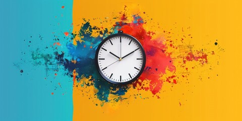 Time Flows in Chaos: Paint-Splattered Clock on Vibrant Background