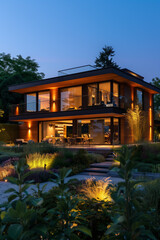 Obraz premium Selective focus of modern house on hillside with wooden details and green landscaping.