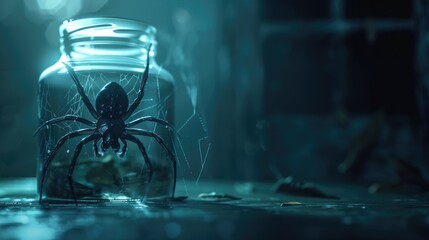 A creepy spider trapped in a glass jar. Perfect for Halloween decorations
