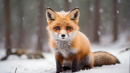 Adorable young fox on a wintry day in a forest.