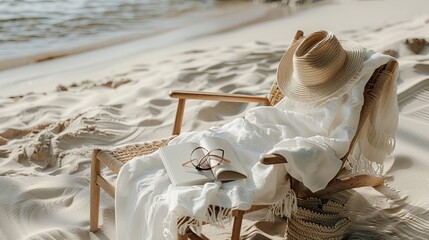 A beach chair with a book, glasses, hat, and blanket on the sand.