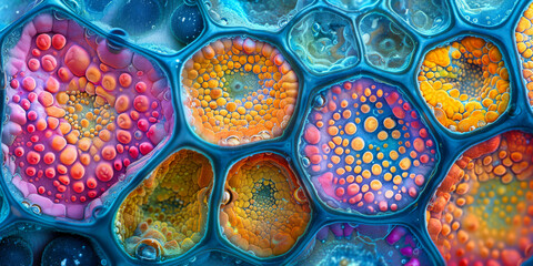 Vibrant Microscopic Cells Close-Up - Abstract Biological Background - obrazy, fototapety, plakaty
