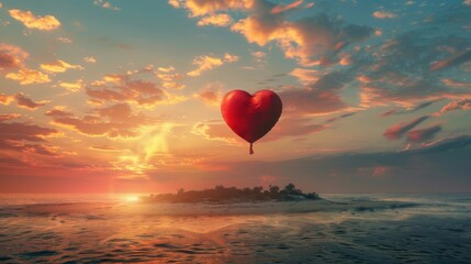 A heart-shaped balloon is seen floating gracefully in the sky above the vast ocean during a stunning sunset. The peaceful scene captures the balloons flight as it drifts through the colorful sky.
