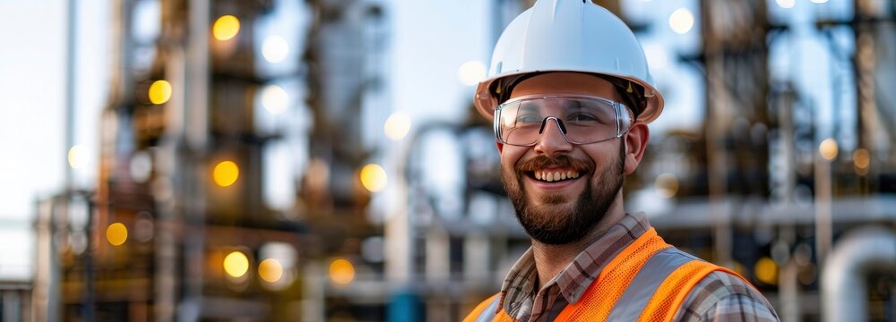 Worker wearing safety glasses, a white helmet, and  stands in front of a petrochemical plant.