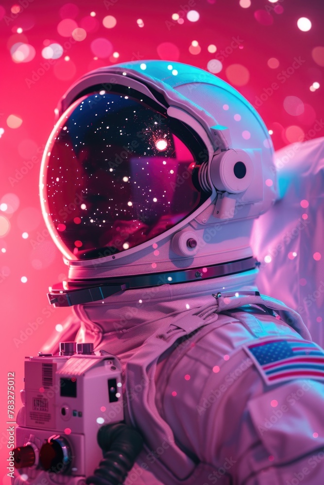 Poster astronaut in space suit holding a camera, suitable for science and technology concepts