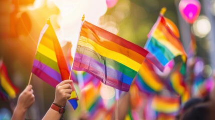 Closeup of crowd waving rainbow flags at gay pride parade, with a blurred depth background and bokeh effect - obrazy, fototapety, plakaty