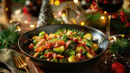 An upscale version of bacon and Brussels sprouts on a festive dining table